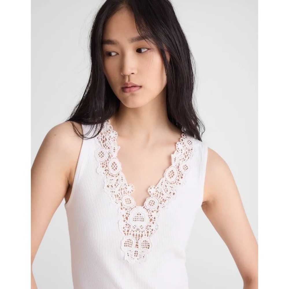 Madewell‎ White Ribbed Lace Crochet V-Neck Tank Top NZ389 Womens Small NEW